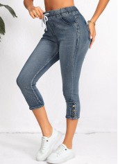 Denim Blue Pocket Elastic Waist High Waisted Jeans