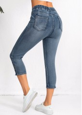 Denim Blue Pocket Elastic Waist High Waisted Jeans