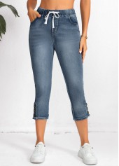 Denim Blue Pocket Elastic Waist High Waisted Jeans