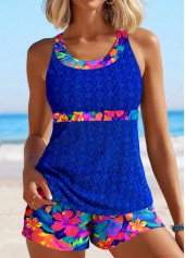Floral Print Lace Royal Blue Tankini Set