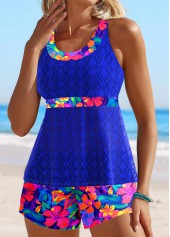 Floral Print Lace Royal Blue Tankini Set