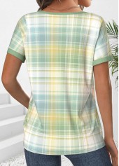 Plaid Ruched Light Green Short Sleeve T Shirt