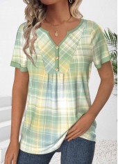 Plaid Ruched Light Green Short Sleeve T Shirt