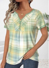 Plaid Ruched Light Green Short Sleeve T Shirt