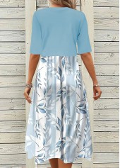 Leaf Print Two Piece Light Blue Dress and Cardigan