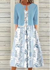 Leaf Print Two Piece Light Blue Dress and Cardigan
