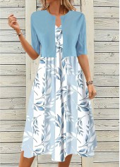 Leaf Print Two Piece Light Blue Dress and Cardigan
