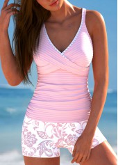Random Floral Print Surplice Pink Tankini Set
