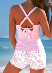 Random Floral Print Surplice Pink Tankini Set