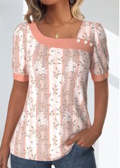 Floral Print Patchwork Light Pink Short Sleeve T Shirt