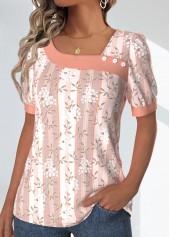 Floral Print Patchwork Light Pink Short Sleeve T Shirt