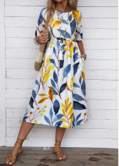 Plants Print Blue Half Sleeve Round Neck Dress