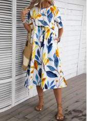 Plants Print Blue Half Sleeve Round Neck Dress