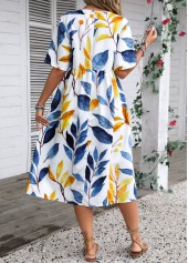 Plants Print Blue Half Sleeve Round Neck Dress