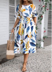 Plants Print Blue Half Sleeve Round Neck Dress