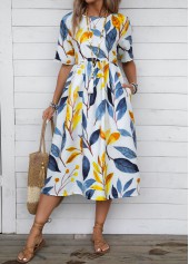 Plants Print Blue Half Sleeve Round Neck Dress