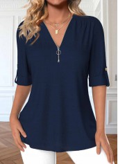 Zipper Navy 3/4 Sleeve V Neck Blouse