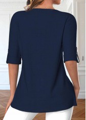Zipper Navy 3/4 Sleeve V Neck Blouse