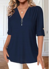 Zipper Navy 3/4 Sleeve V Neck Blouse