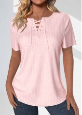 Lace Up Light Pink Short Sleeve Blouse