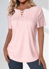Lace Up Light Pink Short Sleeve Blouse