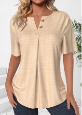 Button Light Camel Short Sleeve Split Neck Blouse