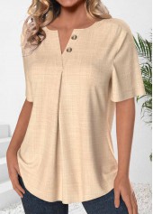 Button Light Camel Short Sleeve Split Neck Blouse