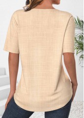 Button Light Camel Short Sleeve Split Neck Blouse