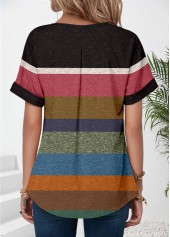 Patchwork Multi Color Short Sleeve Split Neck T Shirt