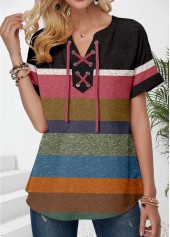 Patchwork Multi Color Short Sleeve Split Neck T Shirt