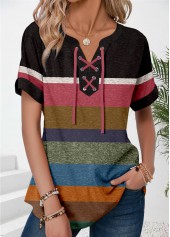 Patchwork Multi Color Short Sleeve Split Neck T Shirt