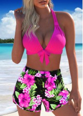 Floral Print Bowknot Hot Pink Bikini Set