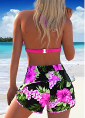 Floral Print Bowknot Hot Pink Bikini Set
