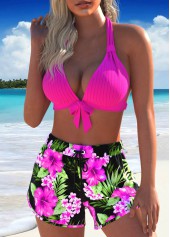 Floral Print Bowknot Hot Pink Bikini Set