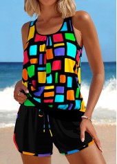 Geometric Print Patchwork Multi Color Tankini Set