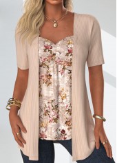 Floral Print Skin Color Fake Two Piece Twinset