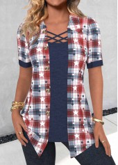 Plaid Fake 2in1 Navy Short Sleeve Shirt Collar Blouse