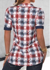 Plaid Fake 2in1 Navy Short Sleeve Shirt Collar Blouse