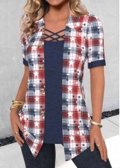 Plaid Fake 2in1 Navy Short Sleeve Shirt Collar Blouse