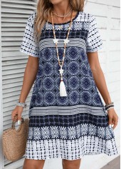 Tribal Print Blue A Line Short Sleeve Dress