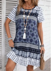 Tribal Print Blue A Line Short Sleeve Dress