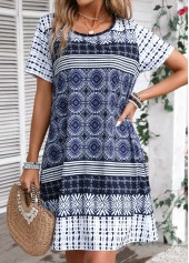 Tribal Print Blue A Line Short Sleeve Dress