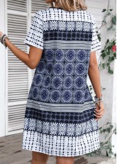 Tribal Print Blue A Line Short Sleeve Dress