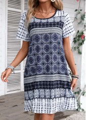 Tribal Print Blue A Line Short Sleeve Dress