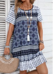 Tribal Print Blue A Line Short Sleeve Dress