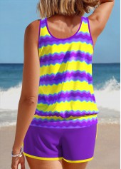 Wave Pattern Print Patchwork Purple Tankini Set