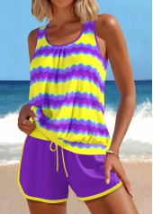 Wave Pattern Print Patchwork Purple Tankini Set