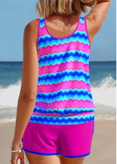 Wave Pattern Print Patchwork Hot Pink Tankini Set