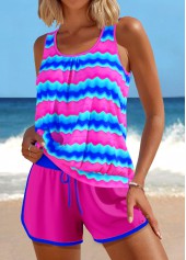 Wave Pattern Print Patchwork Hot Pink Tankini Set