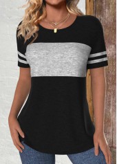 Patchwork Black Short Sleeve Round Neck T Shirt